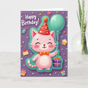 Cartão de Aniversário de Gato Rosa