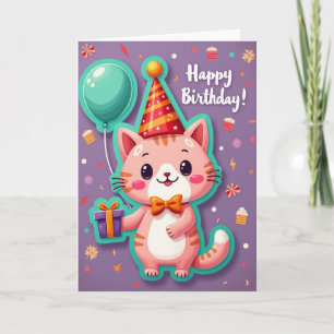 Cartão de Aniversário de Gato Rosa Alegre
