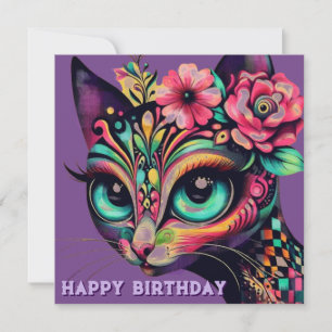 Cartão de Aniversário De Gato Whimsical Big-Eye Re
