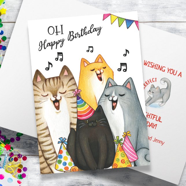 Cartão de Aniversário de Gatos Cantantes - Cartão  (Singing Cats Birthday Card – Cute Cat Choir Card)