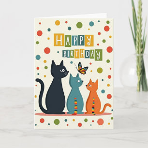 Cartão de Aniversário de Gatos Vibrantes Borboleta