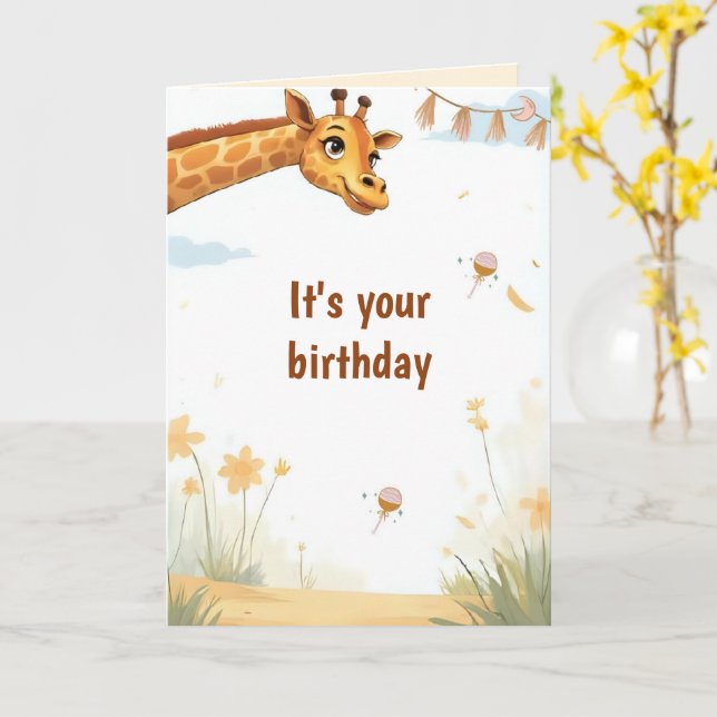 Cartão de Aniversário de Girafa Fofa Personalizado (Flor Amarela)