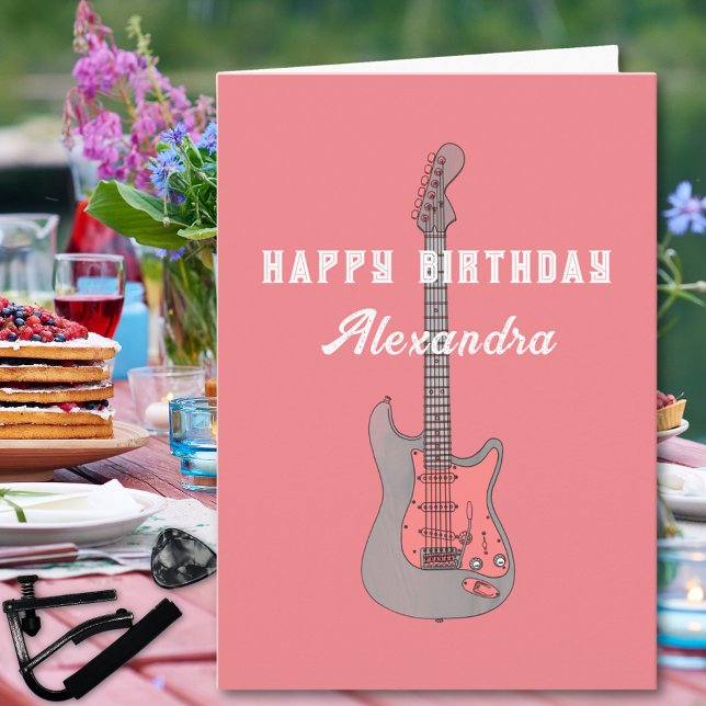 Cartão de Aniversário de Guitaristas Rosa-Rosa Elé (Pink electric guitar personalized happy birthday greetings card)