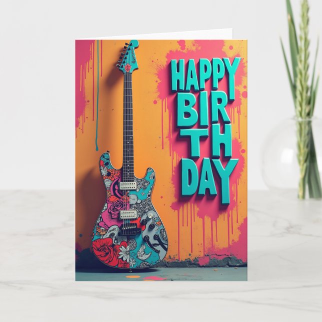 Cartão de Aniversário de Guitarra com Arte (Frente)