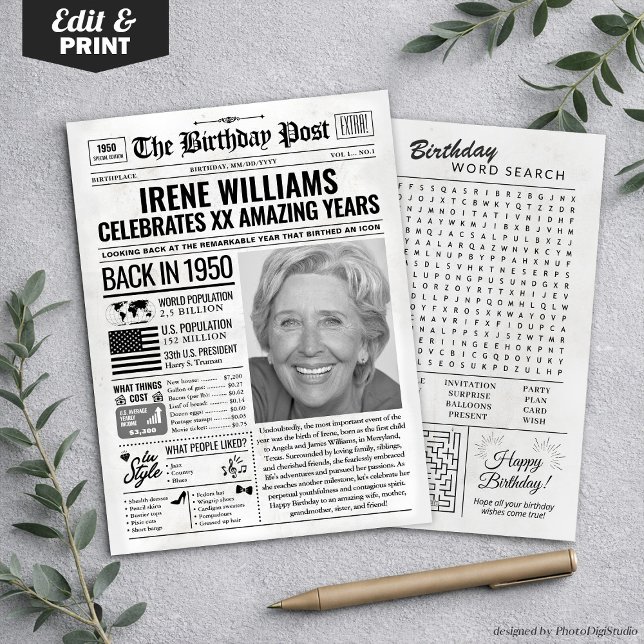 Cartão de aniversário de jornal de 1950, Trend (Custom Back in 1950 Newspaper Birthday Card, Trend Holiday Card)