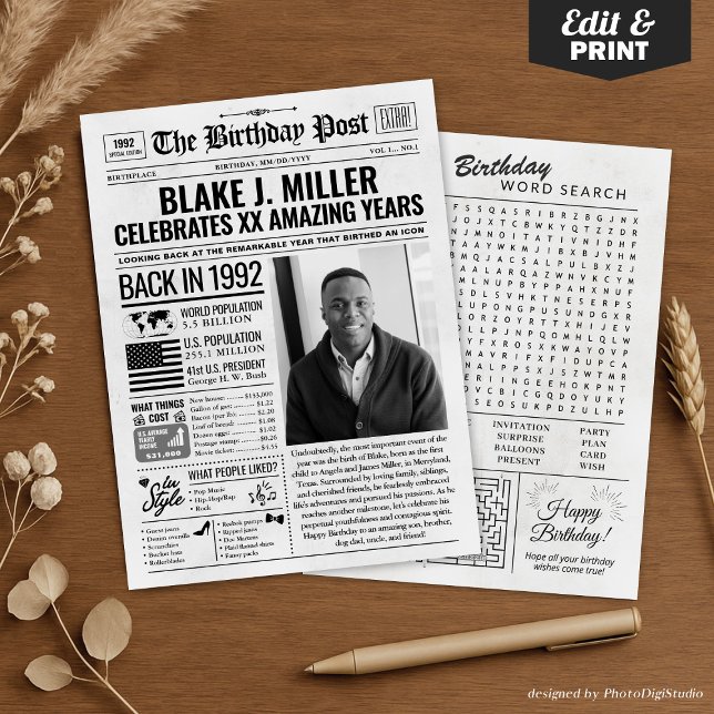 Cartão de aniversário de jornal de 1992, Trend (Custom Back in 1992 Newspaper Birthday Card, Trend Holiday Card)