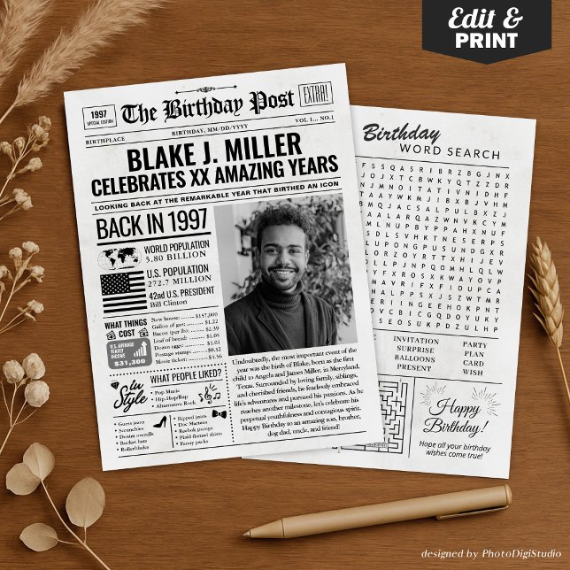 Cartão de aniversário de jornal de 1997, Trend (Custom Back in 1997 Newspaper Birthday Card, Trend Holiday Card)