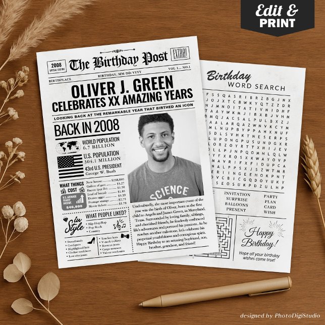 Cartão de aniversário de jornal de 2008, Trend (Custom Back in 2008 Newspaper Birthday Card, Trend Holiday Card)