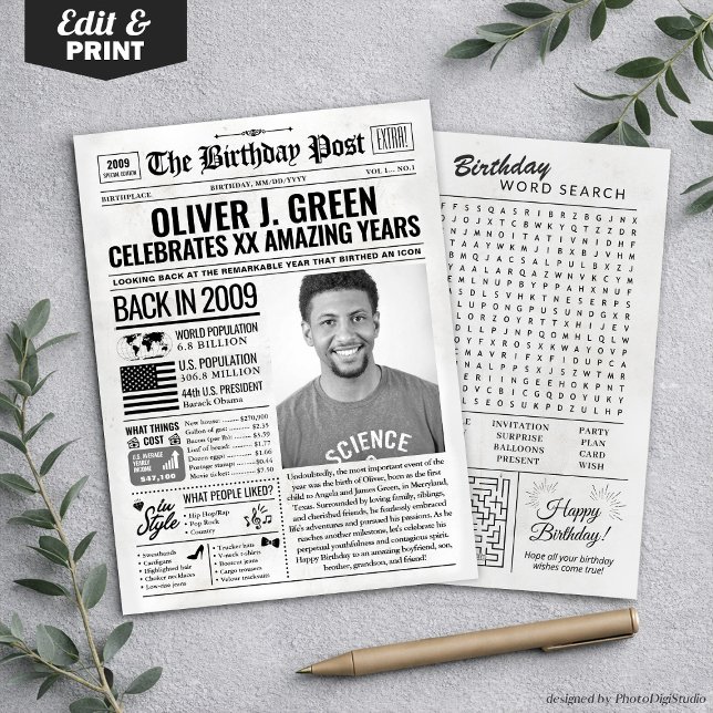 Cartão de aniversário de jornal de 2009, Trend (Custom Back in 2009 Newspaper Birthday Card, Trend Holiday Card)