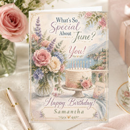 Cartão de Aniversário de Junho Elegante com Nome P