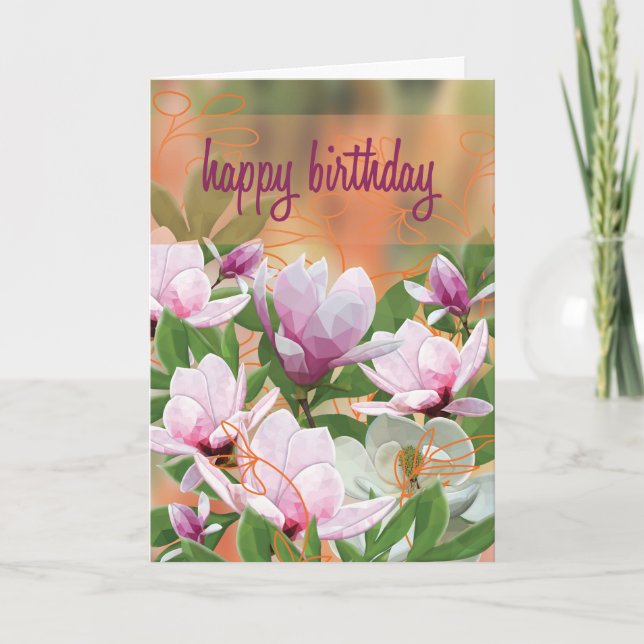 Cartão de Aniversário de Magnólias Low Poly (Frente)