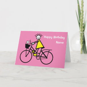 Cartão de Aniversário de Menina Fofa de Bicicleta 