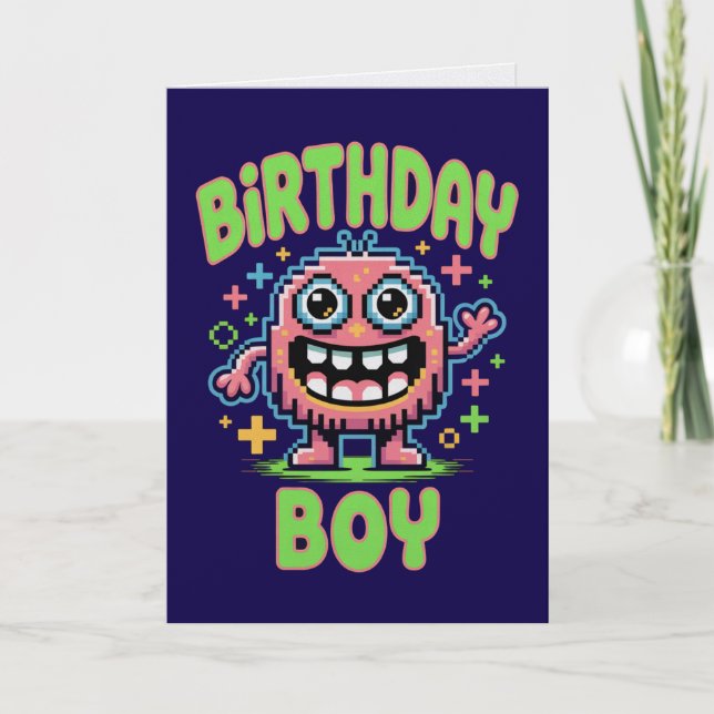 Cartão de Aniversário de Menino com Monstro Bonito (Frente)