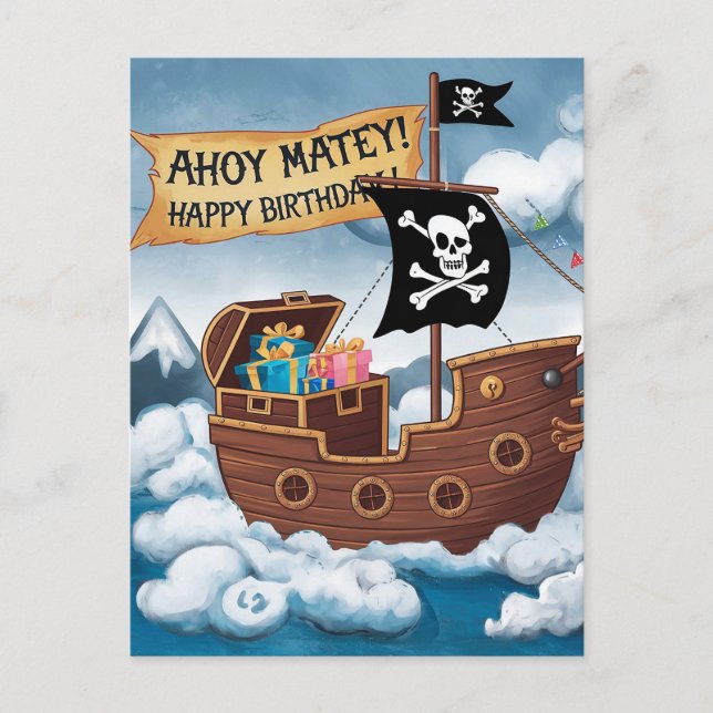 Cartão de Aniversário de Navio Pirata - Ahoy Matey (Frente)