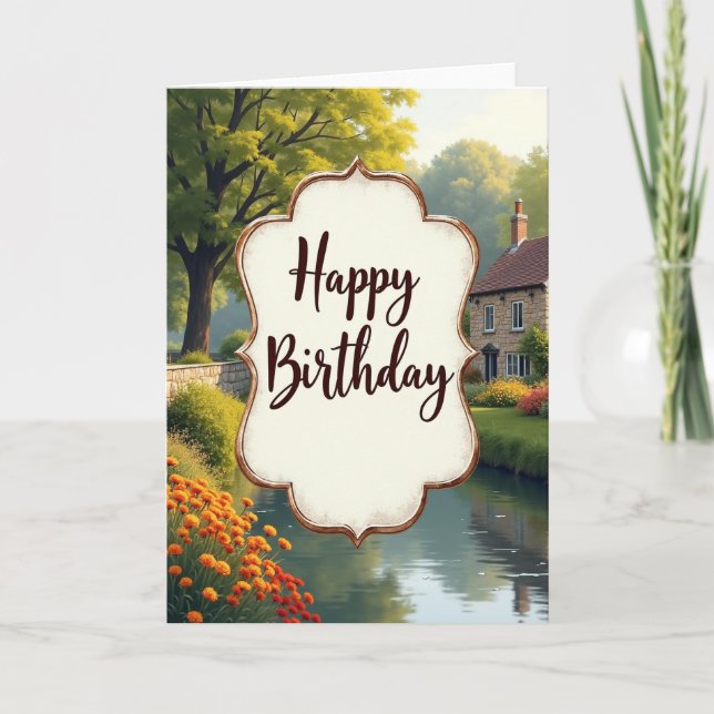 Cartão de Aniversário de Paisagem Rústica (Frente)
