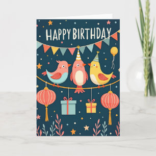 Cartão de Aniversário de Pássaros Caprichosos