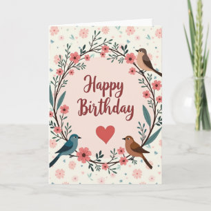 Cartão de Aniversário de Pássaros com Coroa