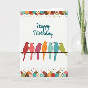 Cartão de Aniversário de Pássaros Ilustrados