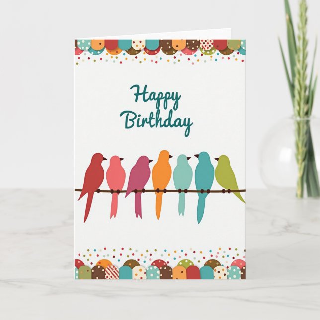 Cartão de Aniversário de Pássaros Ilustrados (Frente)