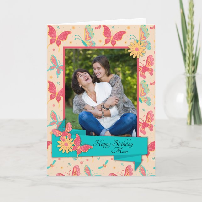 Cartão de aniversário de Peach e Borboletas Teais (Frente)