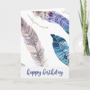 Cartão de Aniversário de Penas de Aquarela Azul e 