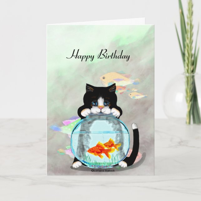 Cartão de Aniversário de Pesca Tuxedo Cat (Frente)