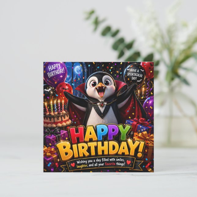 Cartão de aniversário de pinguim vampiro (Em pé/Frente)