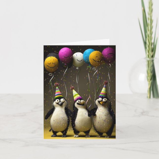 Cartão de Aniversário de Pinguins Felizes com Balõ (Frente)