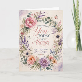 Cartão de aniversário de prima em aquarela floral