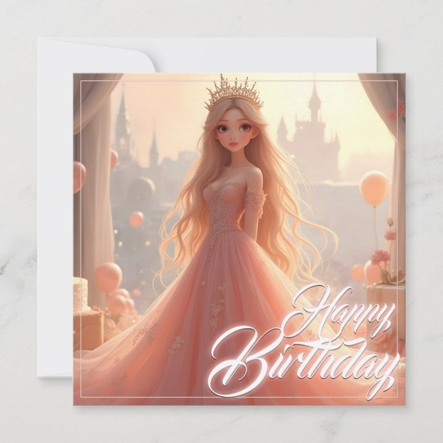 Cartão de Aniversário de Princesa em Rosa (Frente)