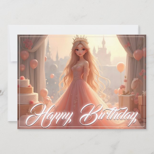 Cartão de Aniversário de Princesa em Rosa (Frente)