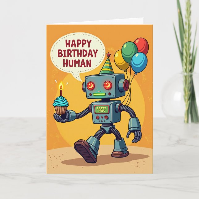Cartão de Aniversário de Robot com Bolo (Frente)