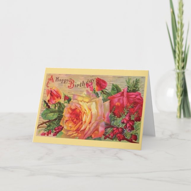 Cartão de Aniversário de Rosas Vintage (Frente)
