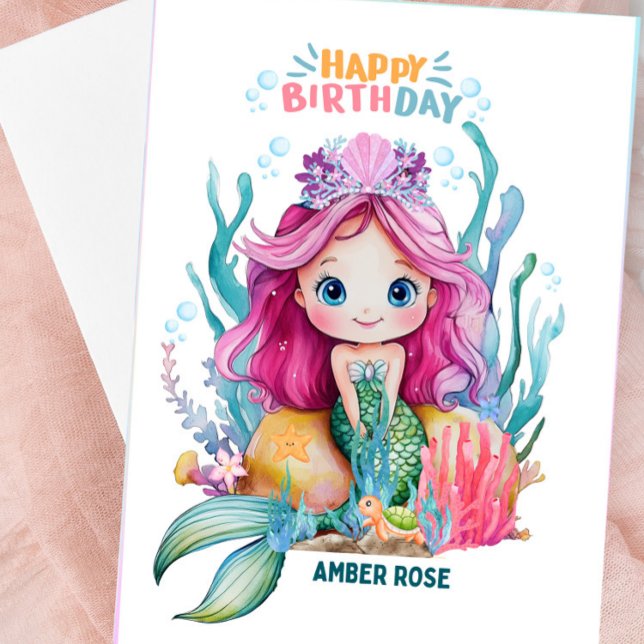 Cartão De Aniversário De Sereia Cor-De-Rosa E Azul (HAPPY BIRTHDAY - Personalized Mermaid Birthday Card)