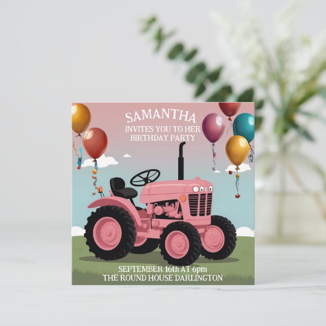 Cartão de Aniversário de Trator Rosa Fofo (Em pé/Frente)