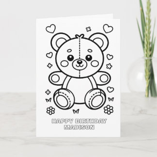 cartão de aniversário de urso dobrado para colorir