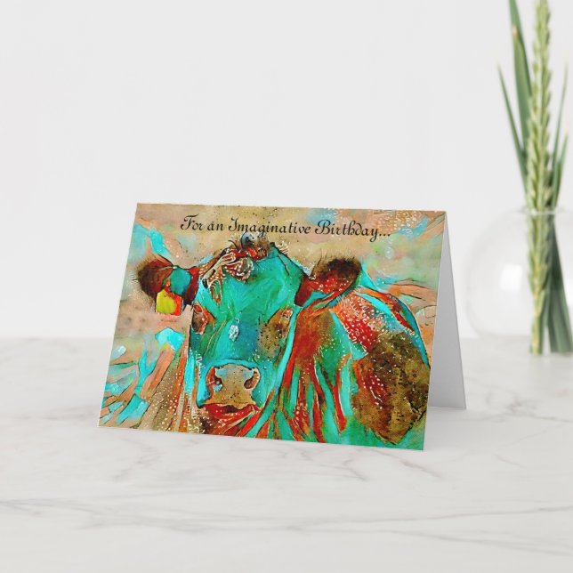 Cartão de Aniversário de Vaca Imaginativa Colorida (Frente)