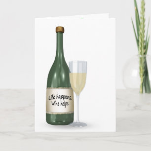 Cartão de aniversário de vinho branco e garrafa