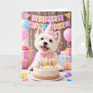 Cartão de Aniversário de Westie com Bolo Cartão
