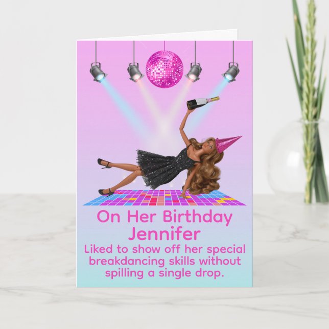 Cartão de Aniversário Divertido de Boneca Disco Br (Frente)