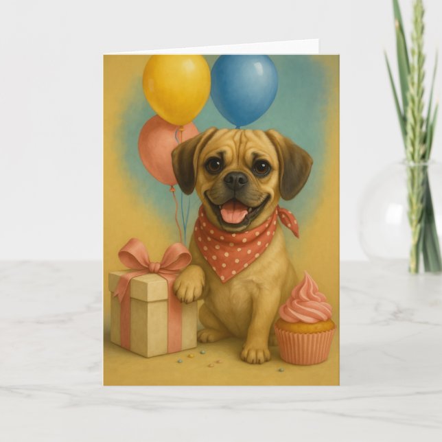 Cartão de Aniversário do Adorável Puggle (Frente)