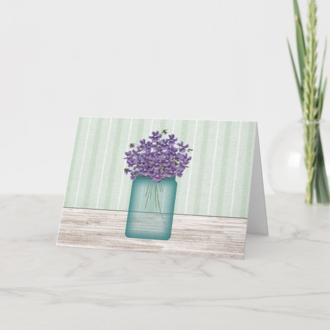 Cartão de Aniversário do Blue Mason Jar Violets (Frente)