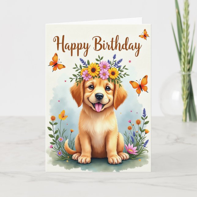 Cartão de Aniversário do Cachorrinho com Coroa (Frente)