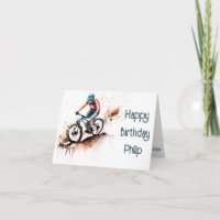 Cartão de Aniversário do ciclista MTB laranja e te