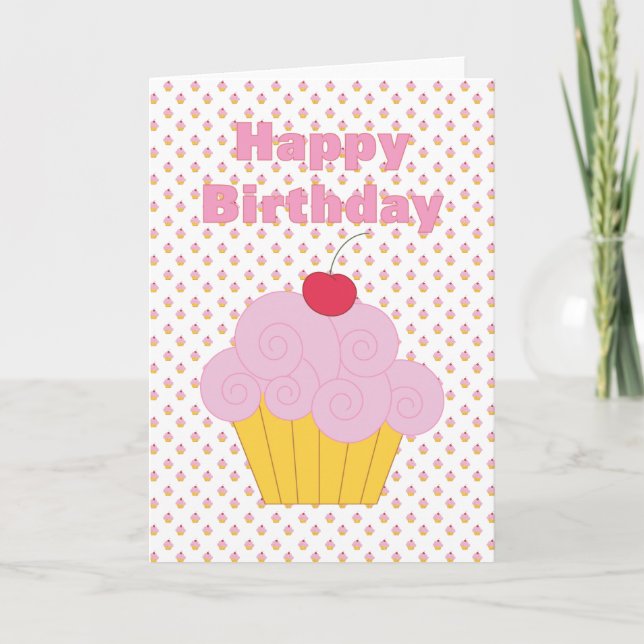 Cartão de Aniversário do Cupcake Rosa (Frente)
