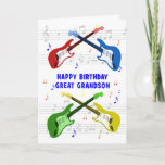 Cartão de Aniversário do excelente Grandson Guitar<br><div class="desc">Um belo cartão de aniversário para um neto excelente. Arte colorido de guitarra com escala musical ao fundo. Você não pode ter muitas guitarras. Um cartão de aniversário de violão muito legal, celebra a energia e a diversão deste instrumento musical. Um cartão de aniversário perfeito para guitarristas e amantes da...</div>