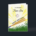 Cartão de Aniversário do Foster Son Baseball<br><div class="desc">Dê ao seu filho adotivo do beisebol um cartão de beisebol e taco com um tema explosivo de baseball! Um beisebol e um morcego com as palavras "Para um filho adotivo maravilhoso".</div>