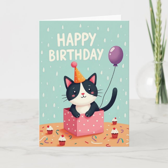 Cartão de Aniversário do Gato Caixa de Presente (Frente)