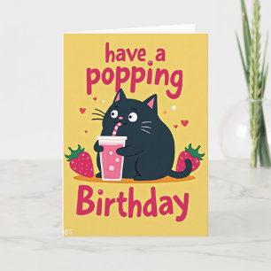 Cartão de Aniversário do Gato com Bebida Rosa