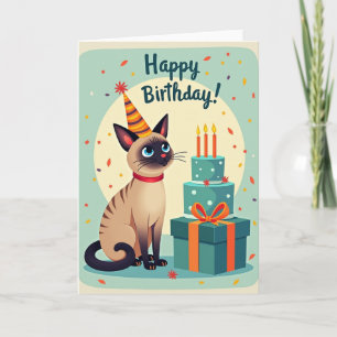 Cartão de Aniversário do Gato com Chapéu Listrado